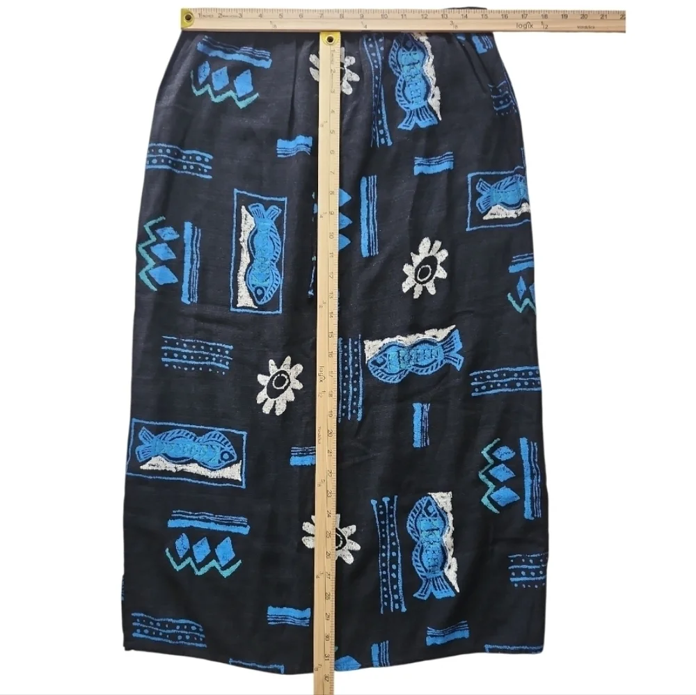 Vintage Teddi Skirt Size Large Blue Black Tribal Print Boho Midi Rayon Acetate